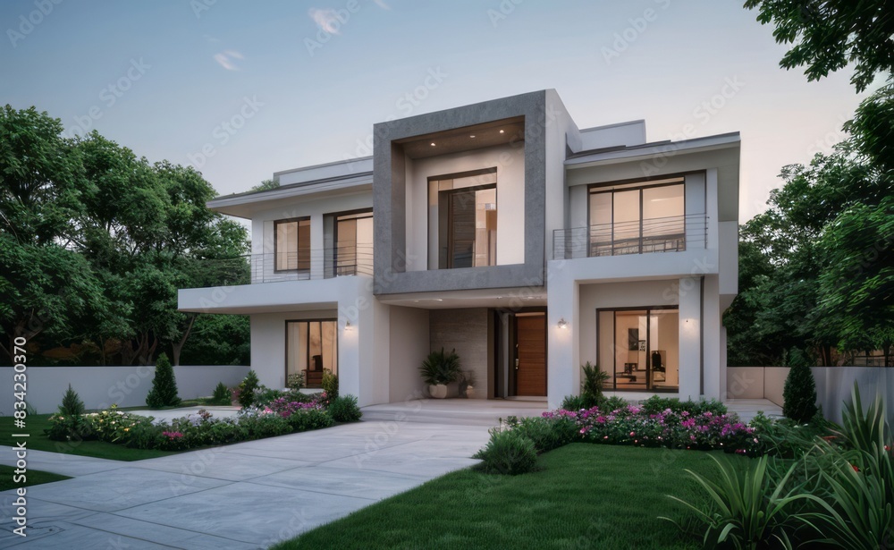 Fototapeta premium A Contemporary Dwelling with Stylish Architecture, Beautiful Exterior Design, and a Serene Garden Setting. Perfect Family Home in a Residential Neighborhood, Featuring Thoughtful Construction 