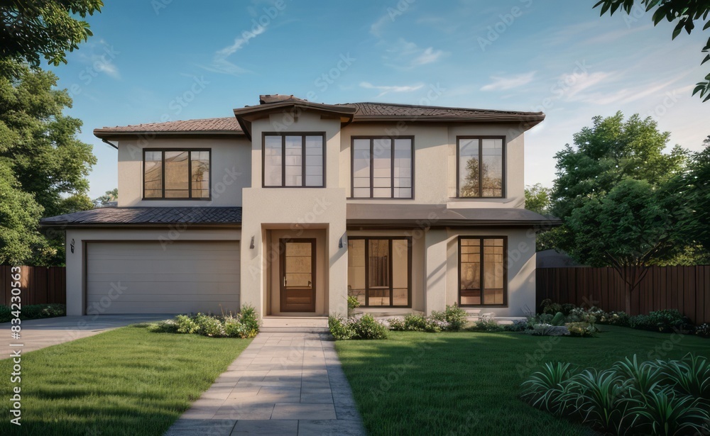 A Contemporary Dwelling with Stylish Architecture, Beautiful Exterior Design, and a Serene Garden Setting. Perfect Family Home in a Residential Neighborhood, Featuring Thoughtful Construction	