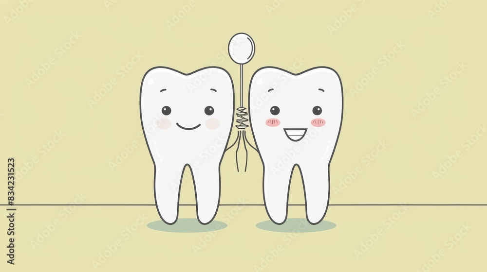 A minimal illustration of a tooth and a tooth with braces holding a large vertical dental mirror**: The tooth is on the right and the tooth with braces is on the left, both smiling with eyes open A minimal illustration of a tooth and a tooth with braces holding a large vertical dental mirror**: The tooth is on the right and the tooth with braces is on the left, both smiling with eyes open