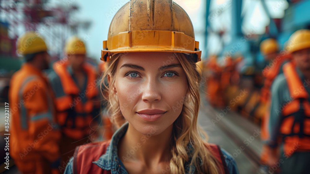 diverse group of maritime job candidates, foreground, confident expressions, modern shipping containers,generative ai