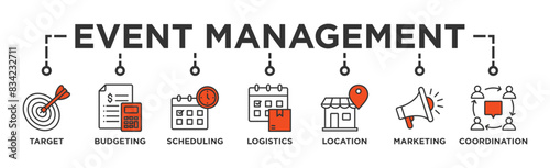 Event management banner web icon vector illustration concept with icon of target, budgeting, scheduling, logistics, location, marketing, and coordination