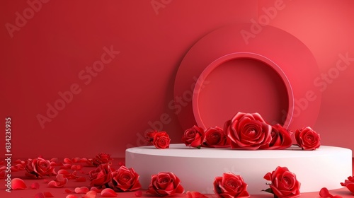 Podium for product presentation, red rose around. Red rose day concept. Background for business