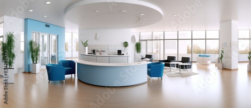 Clinic Reception 3D Illustration with Copy Space. Reception desk in a clinic with light colorful walls soft light for healthcare medical card design. Reception and waiting room in a clinic. © John Martin