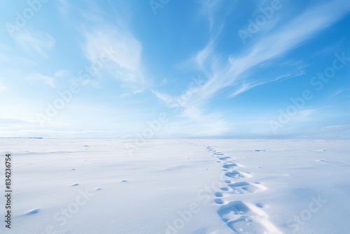 The footprints are visible in the snow  and the sky is blue and cloudless.