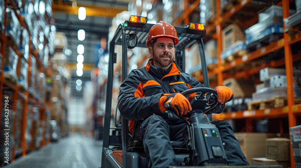 A friendly forklift operator in a well-lit, busy warehouse, emphasizing safety and efficiency.generative ai A friendly forklift operator in a well-lit, busy warehouse, emphasizing safety and efficiency.generative ai