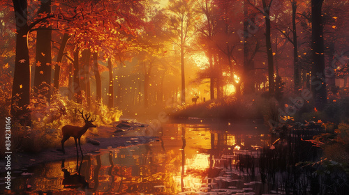 An atmospheric and realistic autumn forest scene at golden hour, with tall trees whose leaves are a fiery mix of red, orange, and yellow. A small, clear stream meanders through the scene, reflecting t