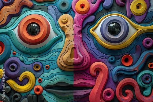 Abstract colorful face sculpture with intricate patterns and shapes