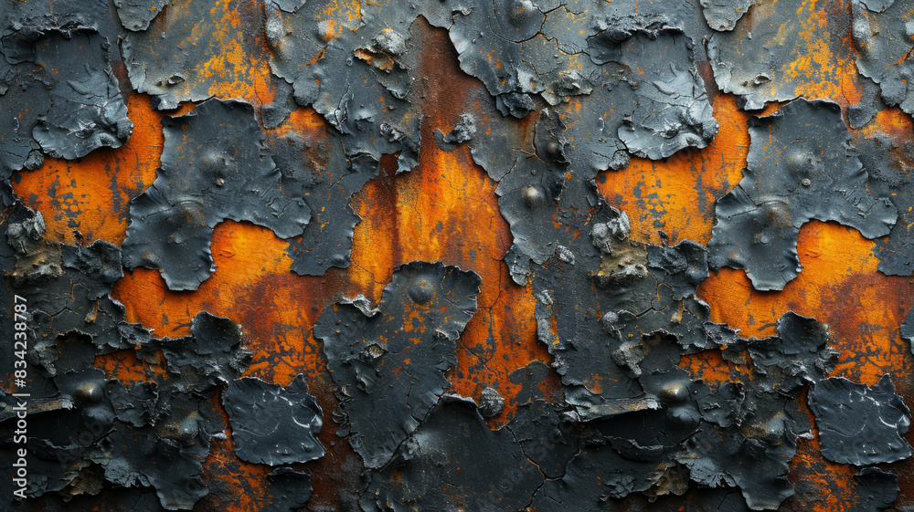 Corroded metal texture with orange and yellow tones on dark background,generative ai Corroded metal texture with orange and yellow tones on dark background,generative ai