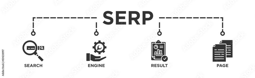 SERP banner web icon illustration concept for search engine result page with icon of web search, computer, search engine, mobile search, page result, and statistics graph