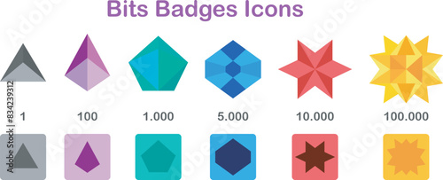 Bits Badges Icons of Twitch. Bit icons for gaming social media.