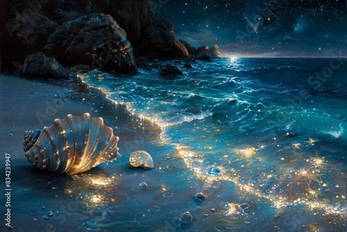 Nighttime beach with glowing seashells and sparkling ocean waves