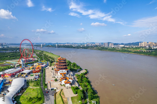 Aerial photography of Wanlou Youth Wharf Scenic Area in Xiangtan, China photo