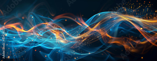 Abstract blue glowing light swirls and wavy lines on a dark background with a golden glow  a futuristic abstract background with shining neon lights