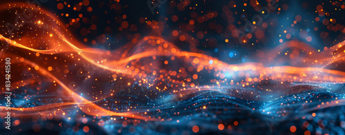 Abstract blue glowing lines and orange light waves on a dark background with a bokeh effect. A digital technology concept. An abstract futuristic wallpaper design for a banner
