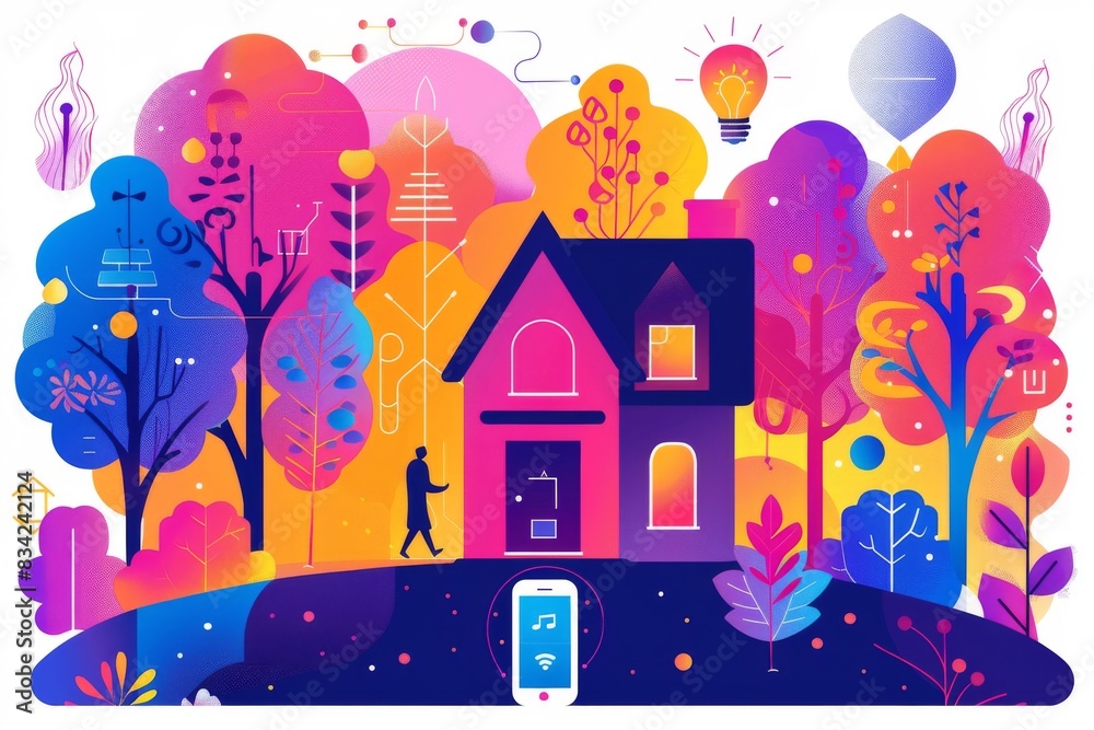 Vibrant illustration of a smart home in a colorful neighborhood, showcasing IoT integration and futuristic living environments