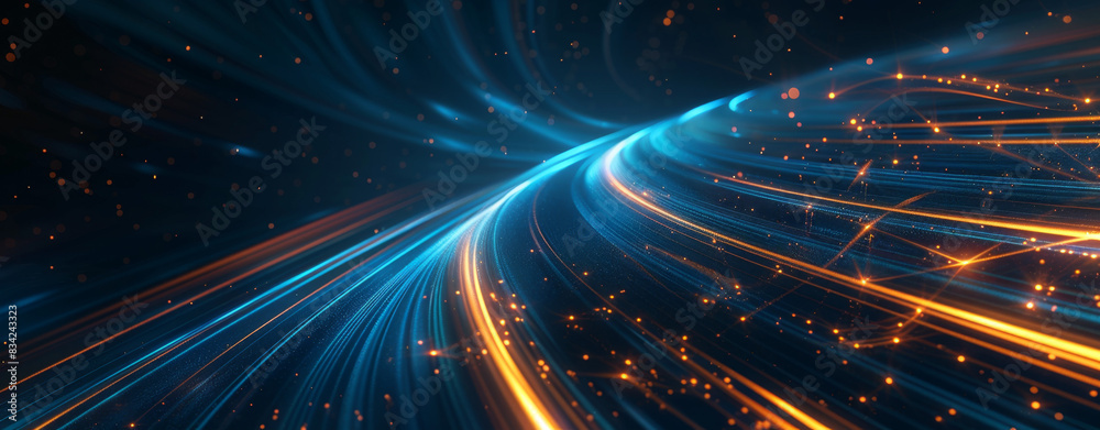 Abstract blue glowing lines and orange lights on a dark background, a futuristic technology concept with a digital data stream or light trail. An abstract background of curved light trails in space Abstract blue glowing lines and orange lights on a dark background, a futuristic technology concept with a digital data stream or light trail. An abstract background of curved light trails in space