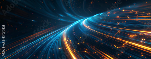 Abstract blue glowing lines and orange lights on a dark background, a futuristic technology concept with a digital data stream or light trail. An abstract background of curved light trails in space