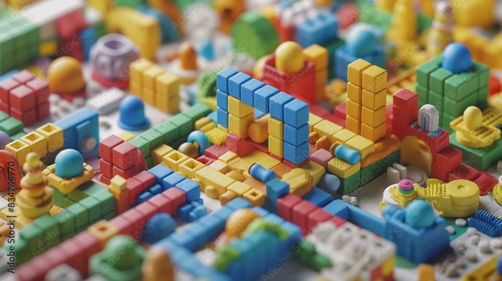 Colorful 3D illustration of a vibrant pixel art scene with various geometric shapes and playful elements