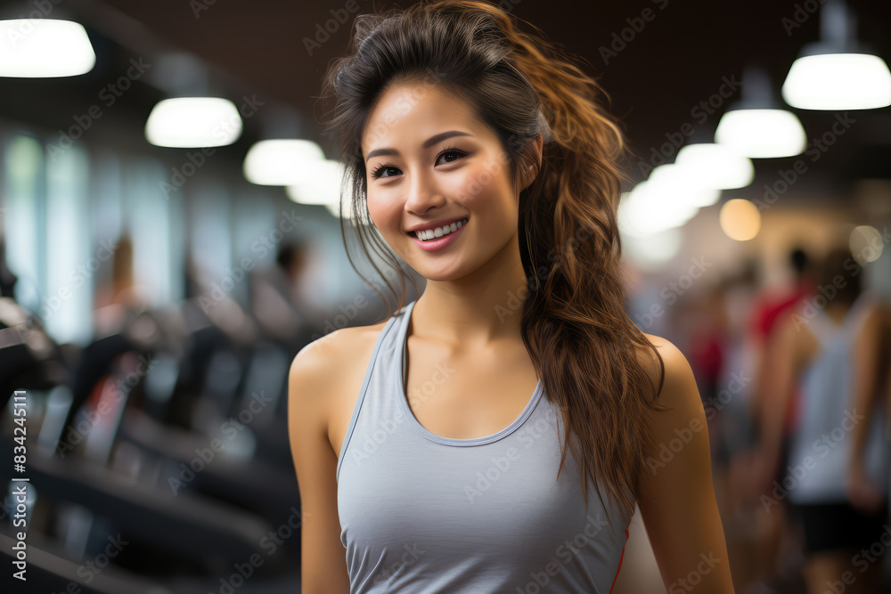 Portrait of young beautiful Asian woman in sportswear tank top on blurred background of gym sports center