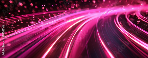 3D render of glowing neon lines and pink lights on a dark background with blurred data flow, in the style of a big tech concept. Digital abstract