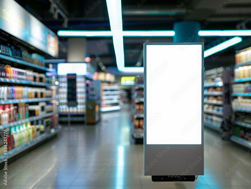 a full white backlit billboard in a small very design and empty supermarket, in the blurred background there is matt black steel shelves