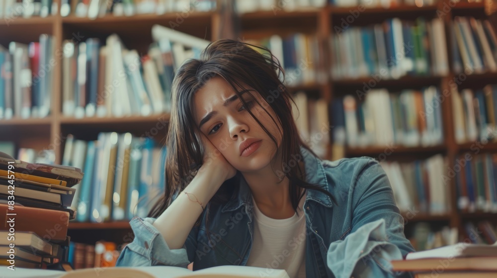 student woman have anxiety because of exams, female prepare for test and learning lessons in the library. stress, despair, haste, misunderstanding reading, discouraged, expectation, knowledge student woman have anxiety because of exams, female prepare for test and learning lessons in the library. stress, despair, haste, misunderstanding reading, discouraged, expectation, knowledge