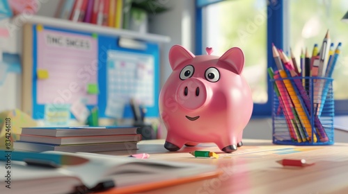 A teenager's desk with a piggy bank, school books, and a financial goals chart. ,photorealistic, high detail