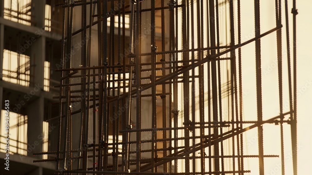 Close-up of a skyscraper under construction, detailed rebar and concrete, no people, golden hour, building in progress. Close-up of a skyscraper under construction, detailed rebar and concrete, no people, golden hour, building in progress.
