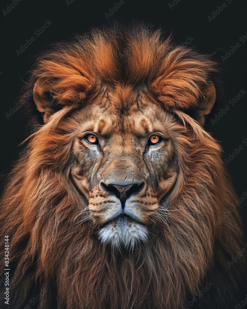 Naklejka premium Mystic portrait of African Lion, copy space on right side, Anger, Menacing, Headshot, Close-up View Isolated on black background