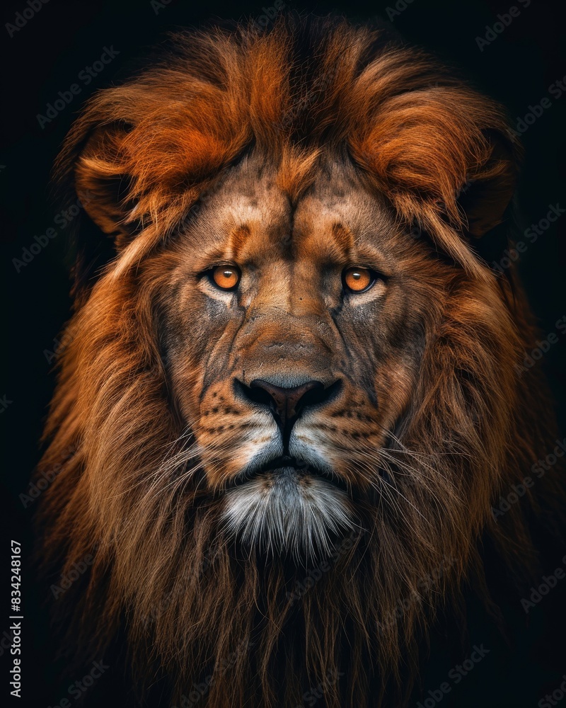 Mystic portrait of African Lion, copy space on right side, Anger, Menacing, Headshot, Close-up View Isolated on black background Mystic portrait of African Lion, copy space on right side, Anger, Menacing, Headshot, Close-up View Isolated on black background