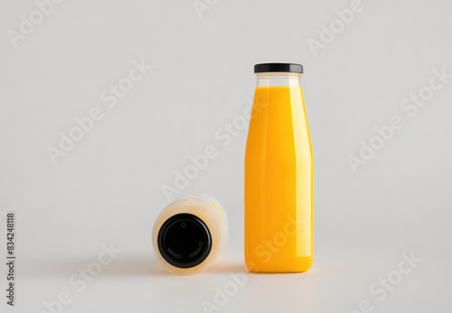 Glass bottles of orange juice in different colors with empty, blank label area for brand logo. Isolated on gray background. Concept of mockup mock-up shablon template advertising montage photo