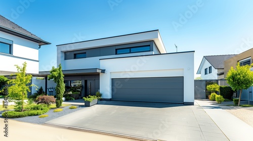 Moderne Hausfassade mit schlankem Landschaftsdesign