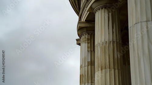 Educational building column details close-up, macro shot of fluted stonework, no people, overcast sky, classic design. 