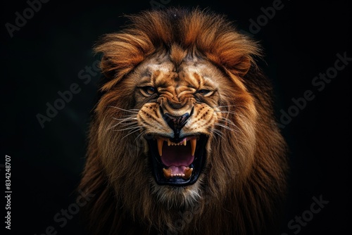 Mystic portrait of Asian Lion in studio, copy space on right side, Anger, Menacing, Headshot, Close-up View Isolated on black background