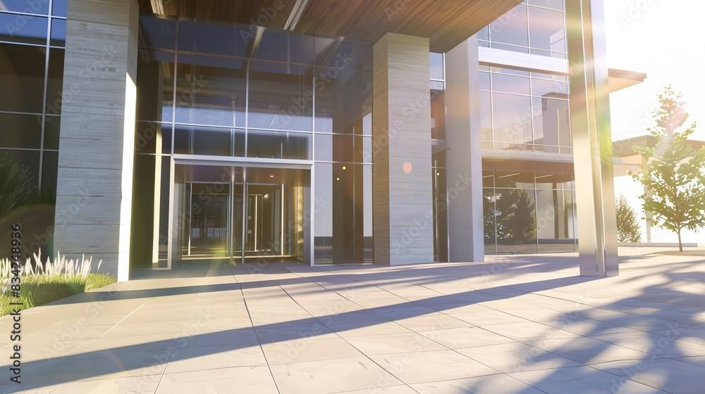 Close-up of healthcare building entrance, sharp architectural details, no humans, midday sun, gateway to wellness. 