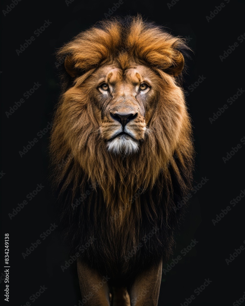 the Asian Lion, portrait view, white copy space on right Isolated on black background the Asian Lion, portrait view, white copy space on right Isolated on black background