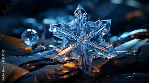 Snowflake on dark blue background. 3d rendering, 3d illustration.