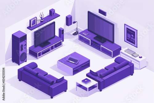 Isometric illustration of a smart living room, highlighting modern home automation and digital connectivity in a tech-savvy residential setting © Leo