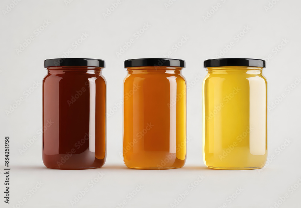 Glass jars of honey jam marmalade in different colors with empty, blank area for brand logo. Isolated on gray background. Concept of mockup mock-up shablon template advertising montage Glass jars of honey jam marmalade in different colors with empty, blank area for brand logo. Isolated on gray background. Concept of mockup mock-up shablon template advertising montage