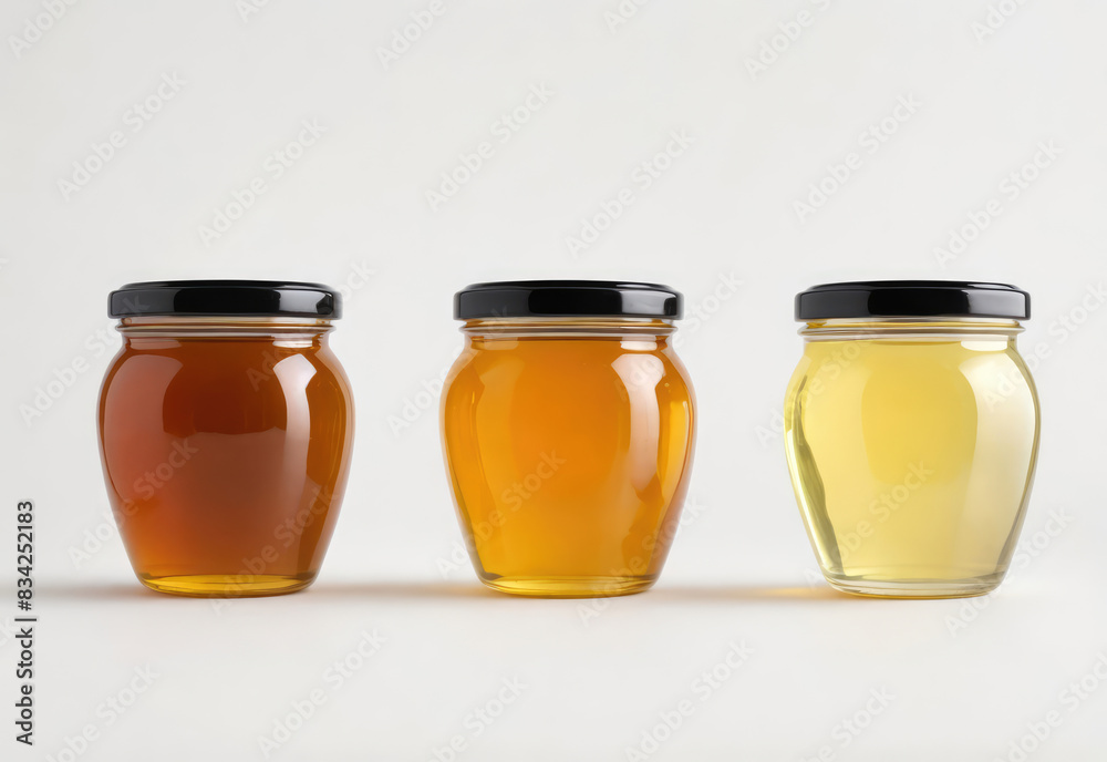 Glass jars of honey jam marmalade in different colors with empty, blank area for brand logo. Isolated on gray background. Concept of mockup mock-up shablon template advertising montage Glass jars of honey jam marmalade in different colors with empty, blank area for brand logo. Isolated on gray background. Concept of mockup mock-up shablon template advertising montage