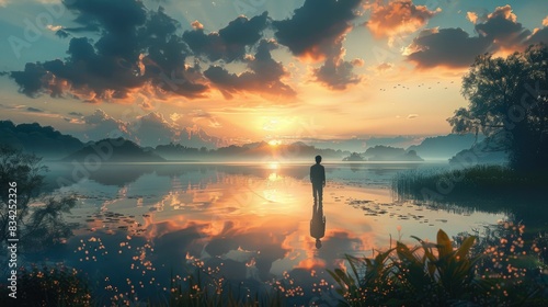 A solitary figure gazing at the sunset