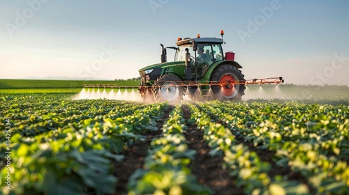 Detailed view of a tractor applying pesticides on crops in a farm field, spray nozzles in action