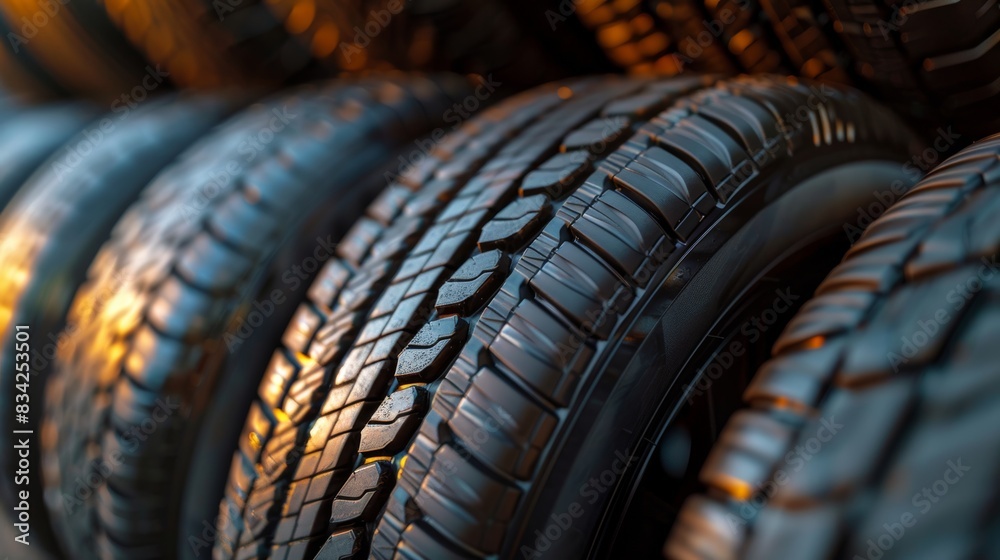 Detailed view of a pile of four new black car tires, highlighting the ...