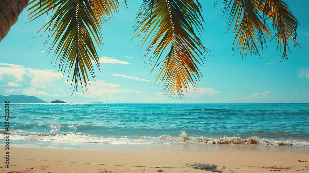 Beautiful beach with palms and turquoise sea. Tropical Beach Paradise, Where Turquoise Waters Sparkle Under the Sun, Palm Trees Cast Gentle Shadows, and the Promise of Relaxation and Adventure Awaits Beautiful beach with palms and turquoise sea. Tropical Beach Paradise, Where Turquoise Waters Sparkle Under the Sun, Palm Trees Cast Gentle Shadows, and the Promise of Relaxation and Adventure Awaits