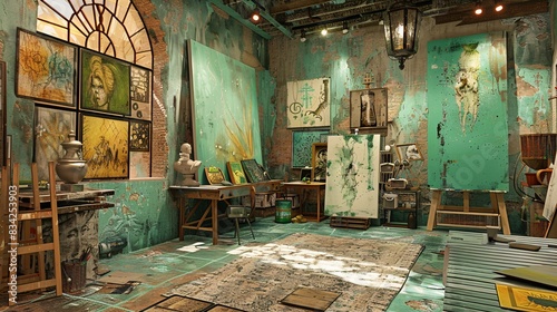 An art studio where artists are creating works inspired by Gelato Delight's history. The studio is filled with canvases and sculptures, with dynamic compositions and distressed textures on the walls. © MJ