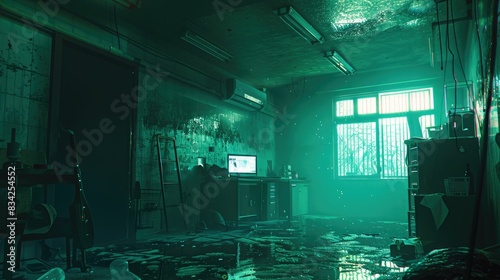 Dimly lit eerie office bathed in green light