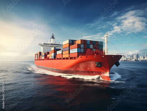 Global business logistics import export and container cargo freight ship during loading at industrial port by crane, container handlers, cargo plane, truck on, Logistics and transportation of Internat