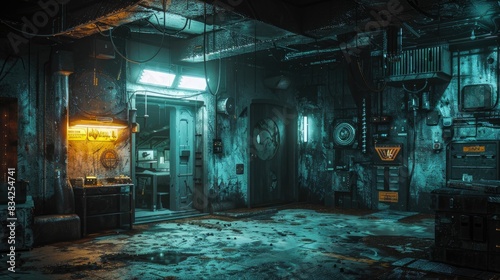 Dimly lit futuristic and cluttered workstation