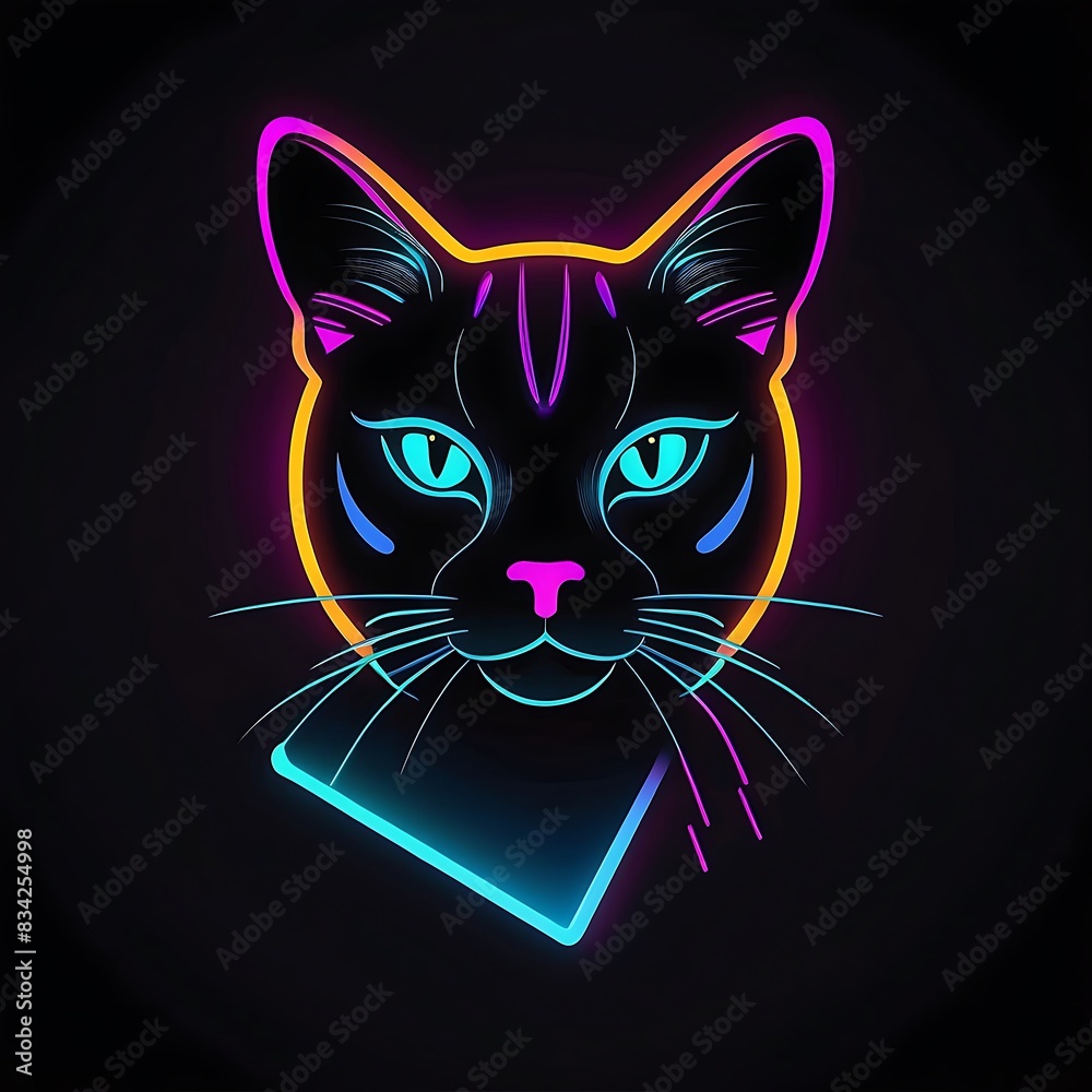 Cartoon neon style cat illustration on dark background Cartoon neon style cat illustration on dark background