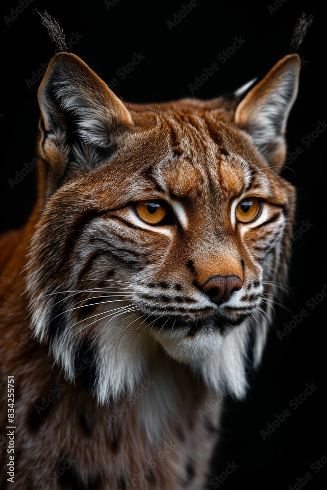 Mystic portrait of Lynx canadensis in studio, copy space on right side, Anger, Menacing, Headshot, Close-up View Isolated on black background Mystic portrait of Lynx canadensis in studio, copy space on right side, Anger, Menacing, Headshot, Close-up View Isolated on black background